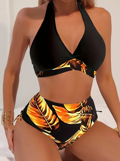 Stylowe bikini z nadrukiem tropikalnych liści