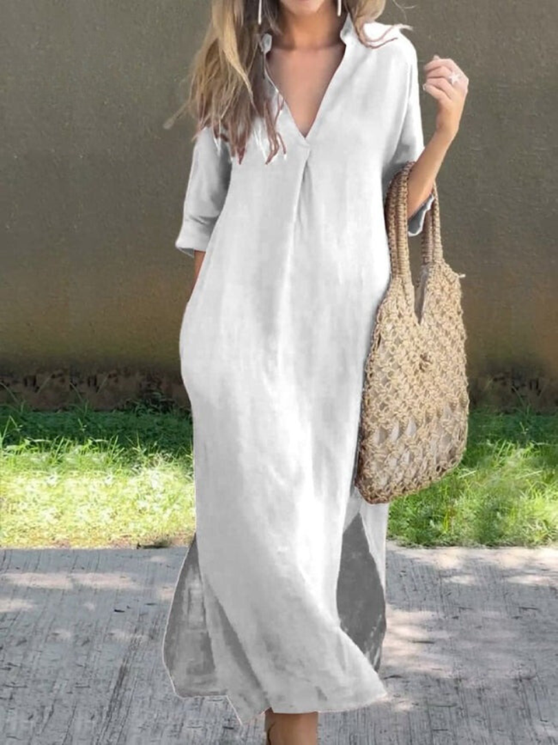 Elegancka sukienka maxi z dekoltem w kształcie litery V i luźnym krojem
