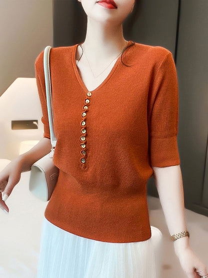 Ciska Top | Casual V-Neck Button Knitted Top