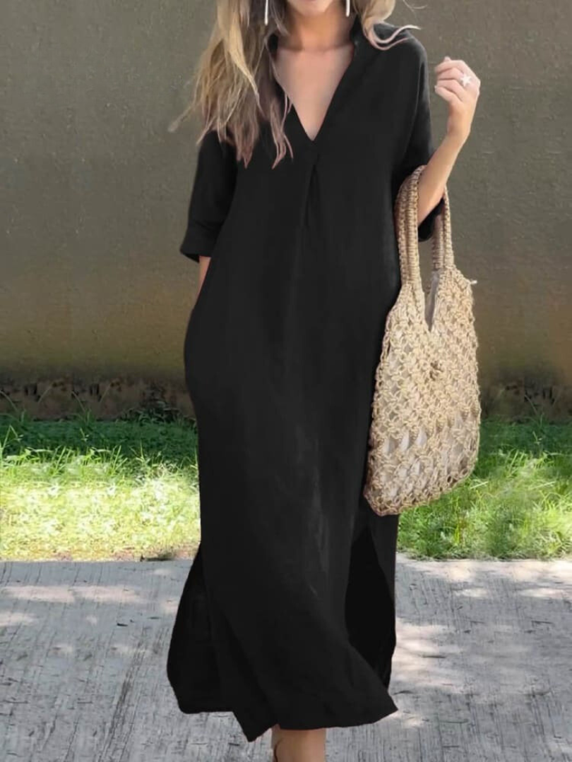 Elegancka sukienka maxi z dekoltem w kształcie litery V i luźnym krojem