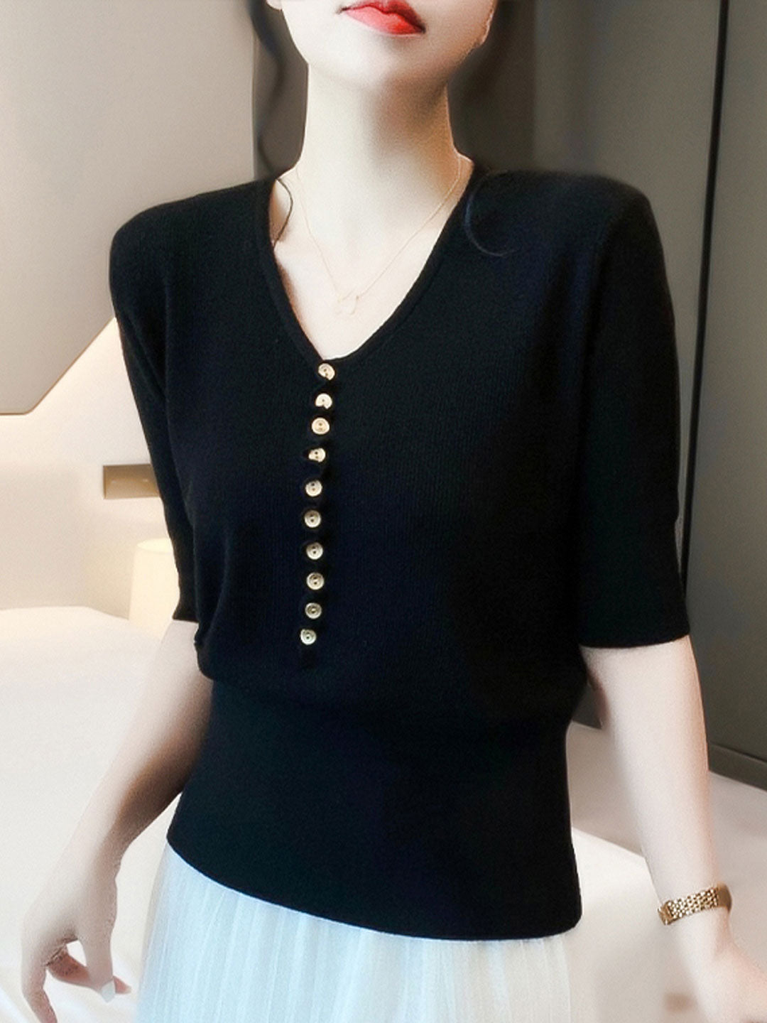 Ciska Top | Casual V-Neck Button Knitted Top