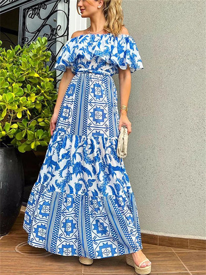 sukienka wiosenna/letnia z dużym dekoltem i nadrukiem w stylu boho