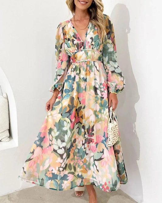 Sukienka maxi - asymetryczna - modny design, wysokie rozcięcie, luźna sylwetka - idealna na letnie wieczory