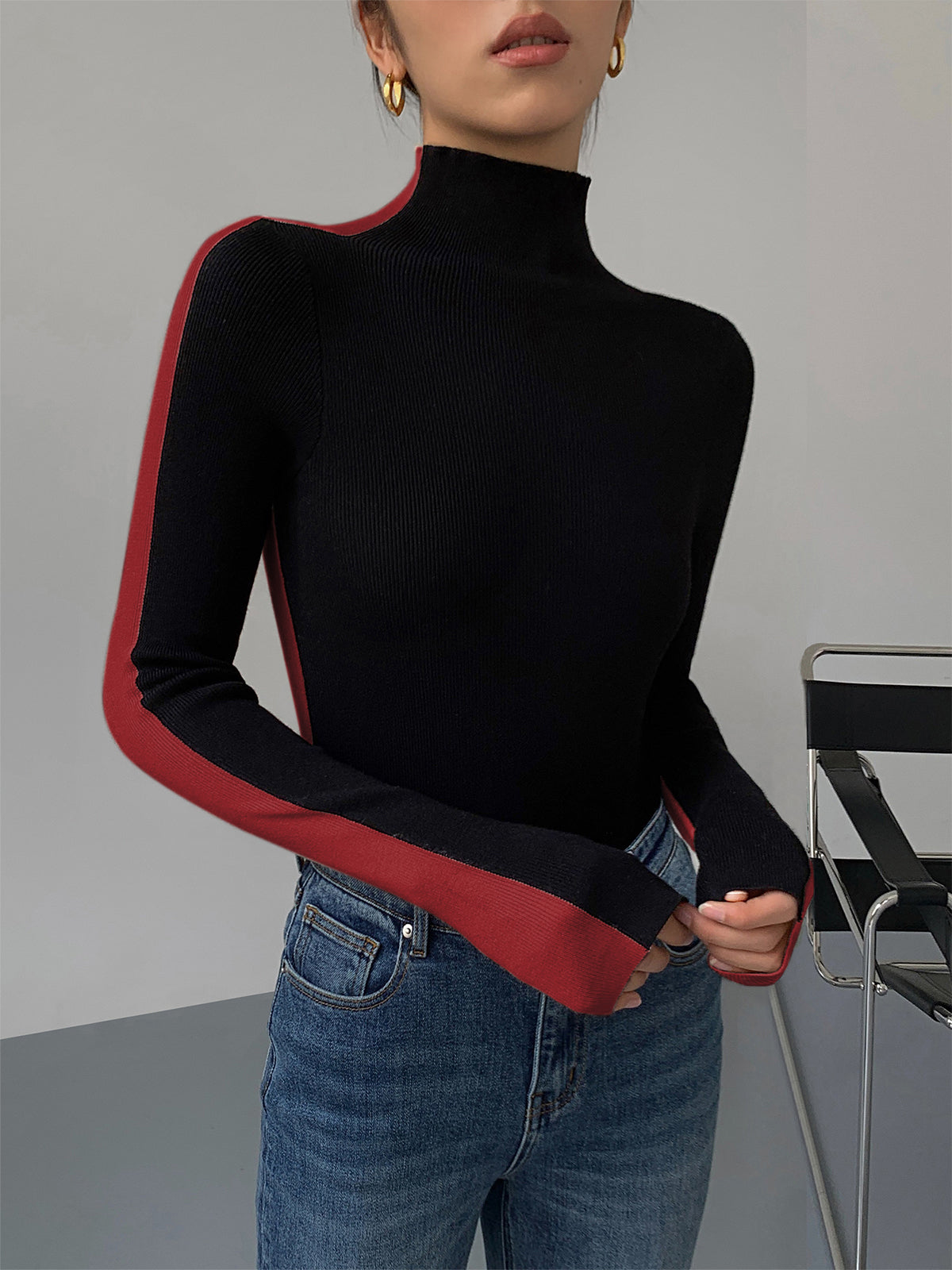 Sweter damski / sweter | Dwukolorowa dwustronna dzianina z długim rękawem