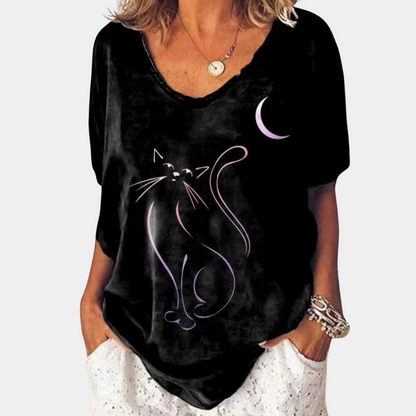 Modny damski t-shirt z nadrukiem kota