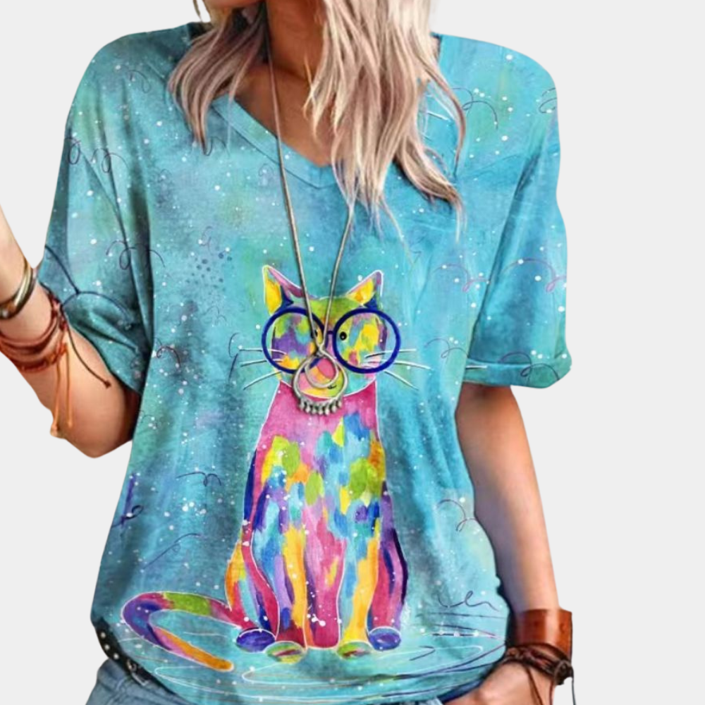 Modny damski t-shirt z nadrukiem kota