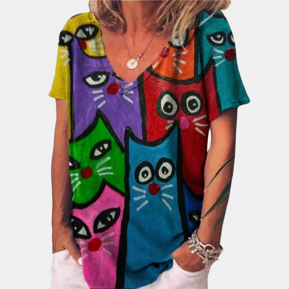 Modny damski t-shirt z nadrukiem kota