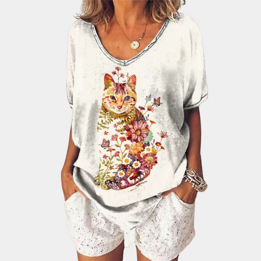 Modny damski t-shirt z nadrukiem kota