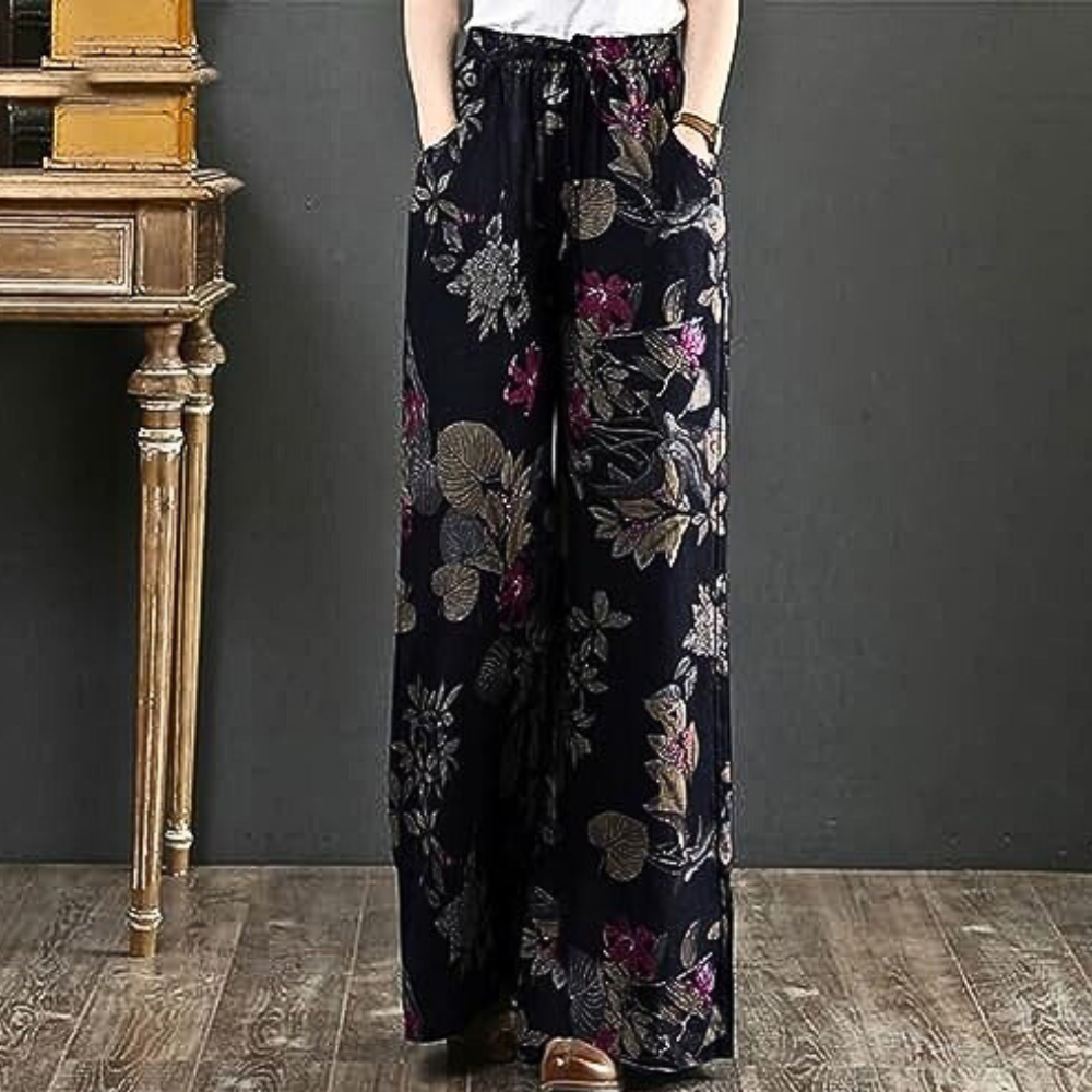 Kirsi - Eleganckie szerokie spodnie z kwiatowym nadrukiem