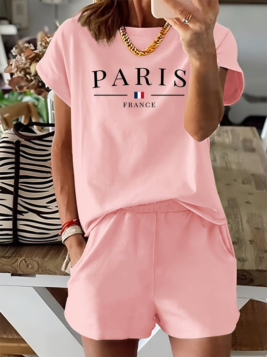 Casualowa koszulka i szorty - nadruk Paris i dzianina
