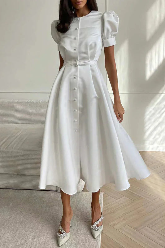 Eudora - Elegancka sukienka O-neck a Line z krótkimi rękawami i zapięciem na klamrę