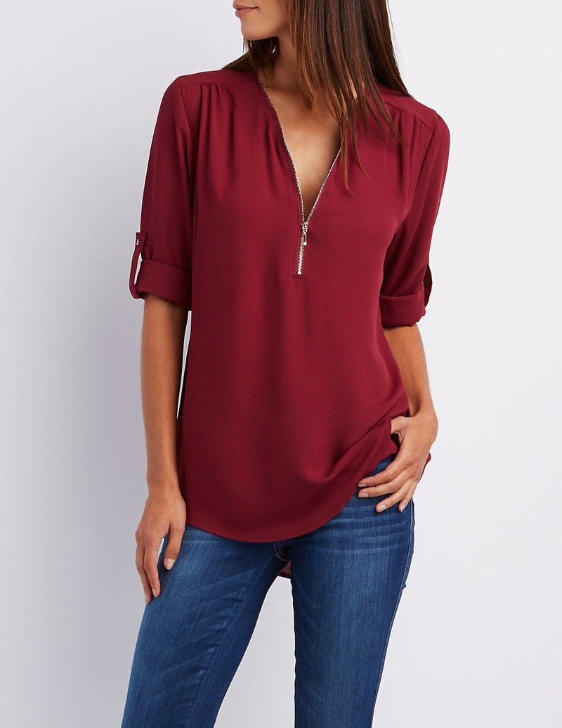 Plus size V-neck Zip Long Sleeve Shirt | Sexy Casual Bluzka dla kobiet