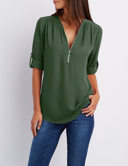 Plus size V-neck Zip Long Sleeve Shirt | Sexy Casual Bluzka dla kobiet