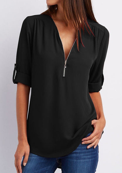 Plus size V-neck Zip Long Sleeve Shirt | Sexy Casual Bluzka dla kobiet