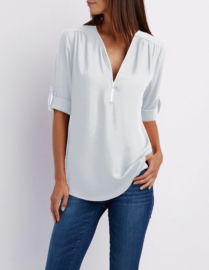 Plus size V-neck Zip Long Sleeve Shirt | Sexy Casual Bluzka dla kobiet