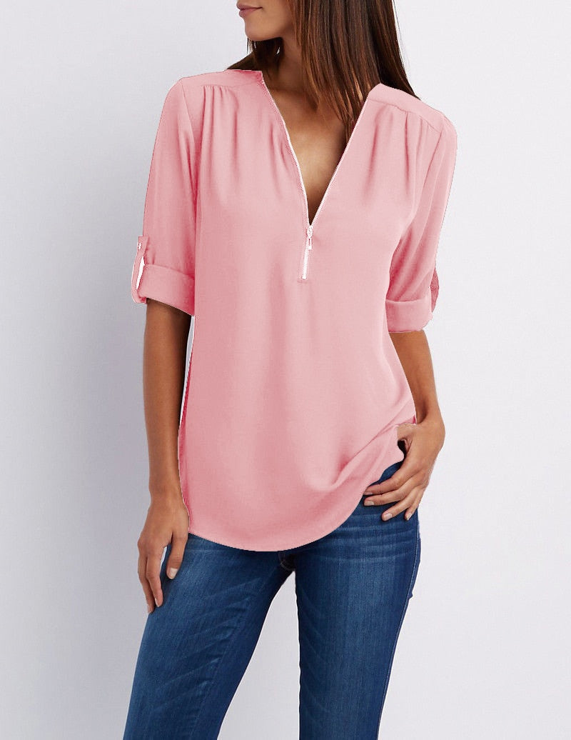 Plus size V-neck Zip Long Sleeve Shirt | Sexy Casual Bluzka dla kobiet