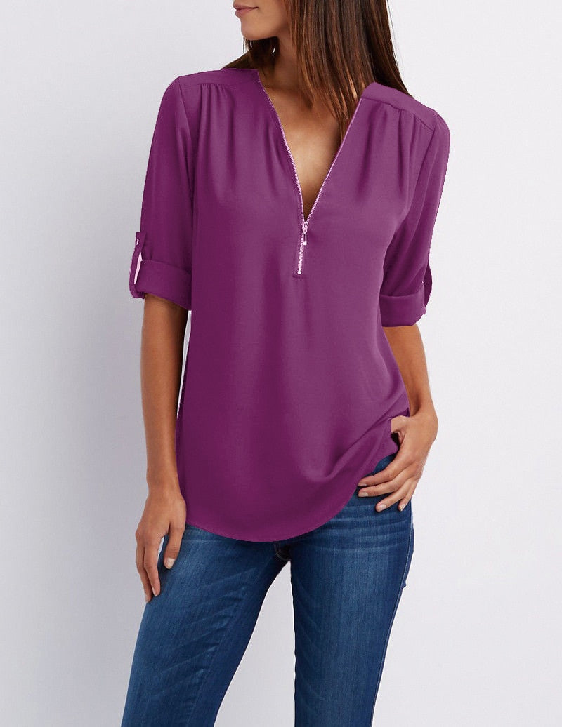Plus size V-neck Zip Long Sleeve Shirt | Sexy Casual Bluzka dla kobiet