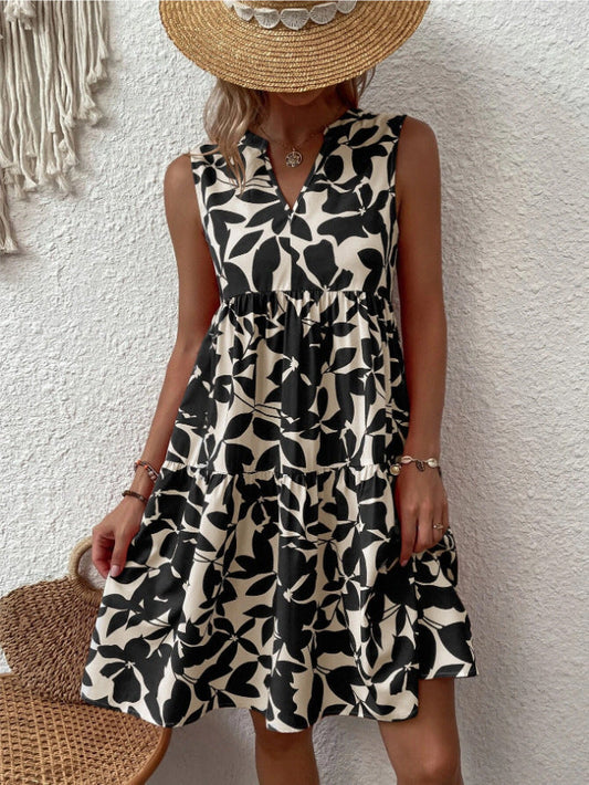 Helgia - Boho luźna sukienka midi bez rękawów z dekoltem w szpic