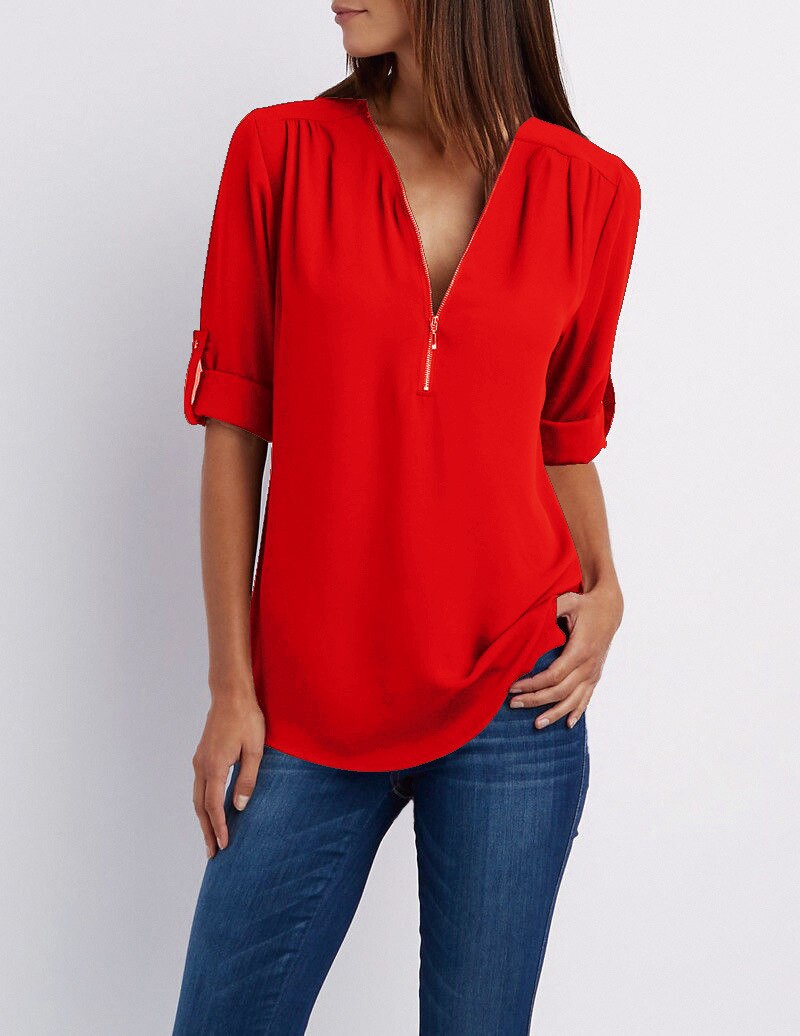 Plus size V-neck Zip Long Sleeve Shirt | Sexy Casual Bluzka dla kobiet
