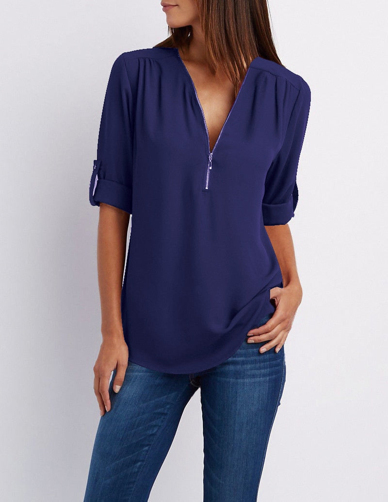 Plus size V-neck Zip Long Sleeve Shirt | Sexy Casual Bluzka dla kobiet