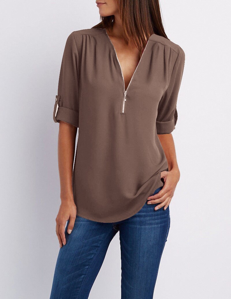 Plus size V-neck Zip Long Sleeve Shirt | Sexy Casual Bluzka dla kobiet