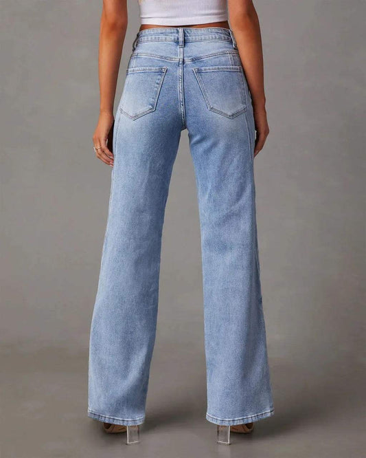 Jeansy - wysoka talia z szerokimi nogawkami - miękki denim - idealne na co dzień