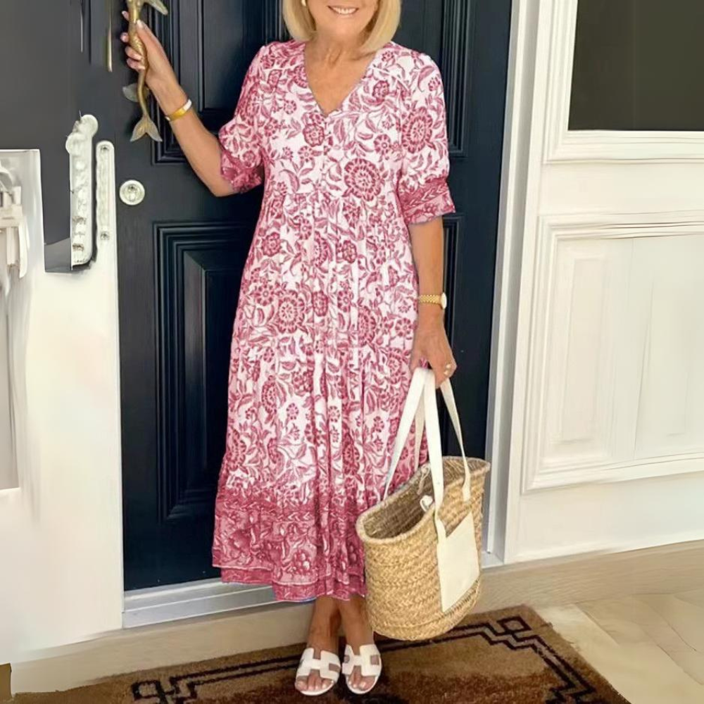 Marieke - Stylowa sukienka w kwiaty z dekoltem w kształcie litery V
