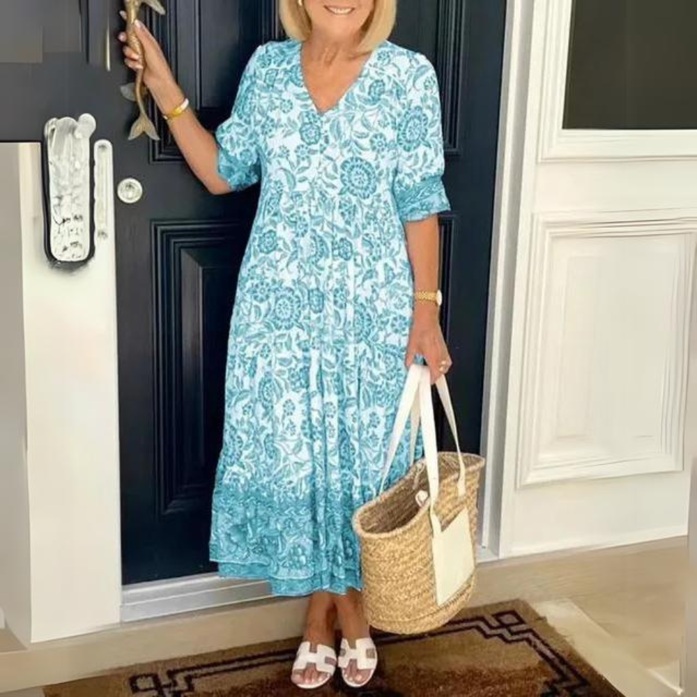 Marieke - Stylowa sukienka w kwiaty z dekoltem w kształcie litery V