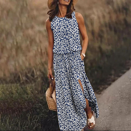 Melle - Elegancka sukienka maxi w drobne kwiaty z kieszeniami