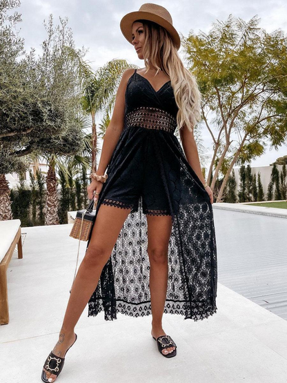 Merri - Koronkowa długa sukienka plażowa boho z dekoltem w serduszko