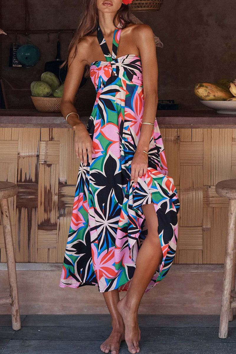 Olive - Bohemian halter dress z kwiatowym nadrukiem
