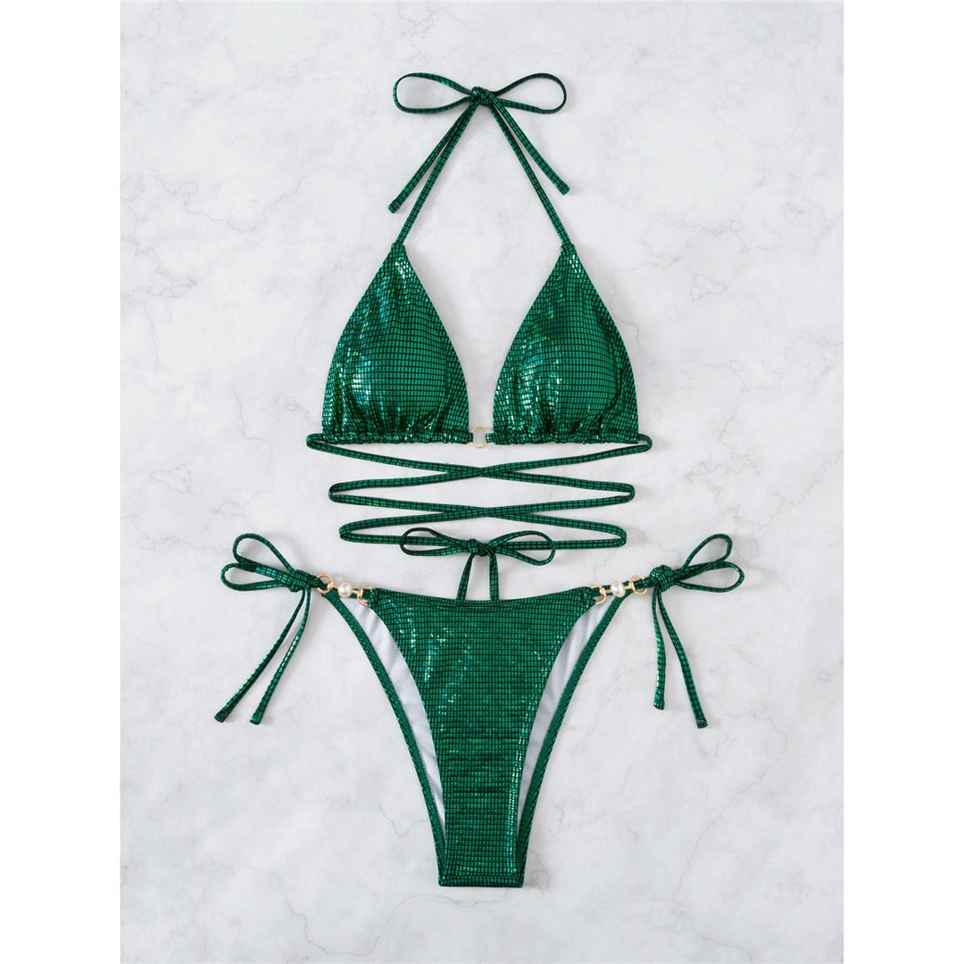 Zielone brokatowe bikini | z seksownymi ramiączkami