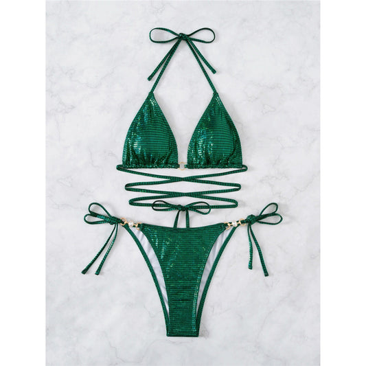 Zielone brokatowe bikini | z seksownymi ramiączkami
