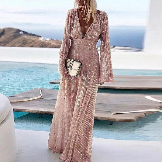 Jessica - Elegancka sukienka wieczorowa z dekoltem w szpic i cekinami