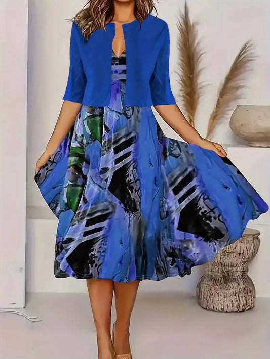 elegancka sukienka bez rękawów z dopasowanym lekkim żakietem