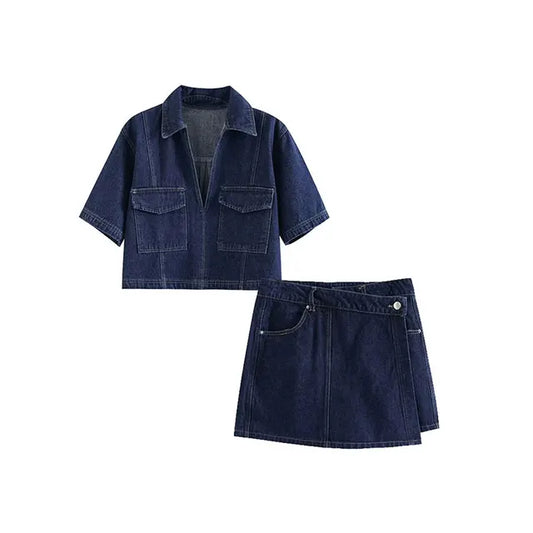 Damski 2-częściowy zestaw - Traf - Nowoczesny - Slim Fit Denim i asymetryczna spódnica - Idealny na codzienne i półformalne okazje