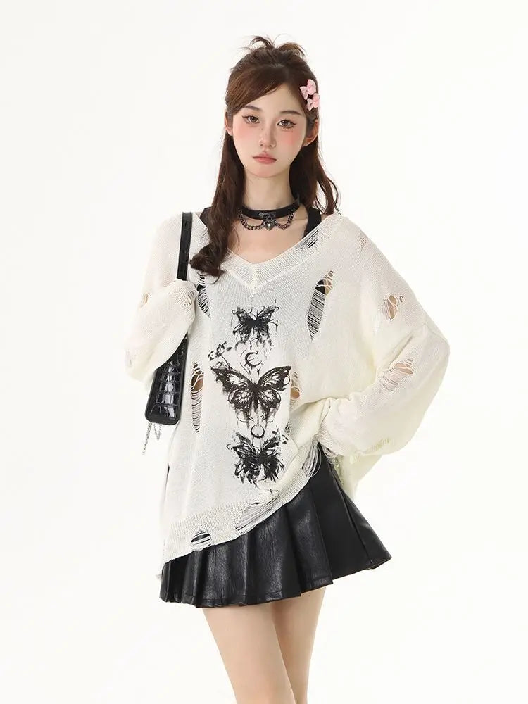 Vivien - Damski sweter oversize z wzorem w motyle