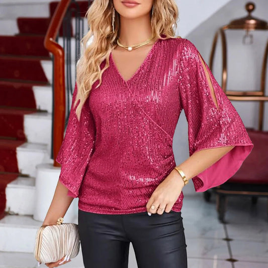 Larissa | Elegancka bluzka z rozkloszowanymi rękawami z dekoltem w szpic