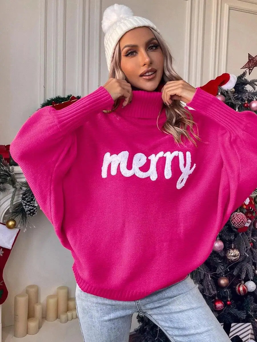 Ines - Dzianinowy sweter z nietoperzowymi rękawami, golfem i wytłoczonymi literami "Merry" dla kobiet