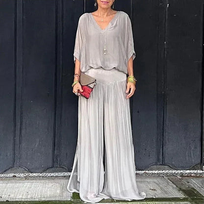 Elegancki szyfonowy top ze spodniami w dwuczęściowym zestawie