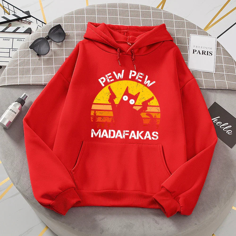 Szkarłatna bluza z kapturem dla kobiet z nadrukiem kota