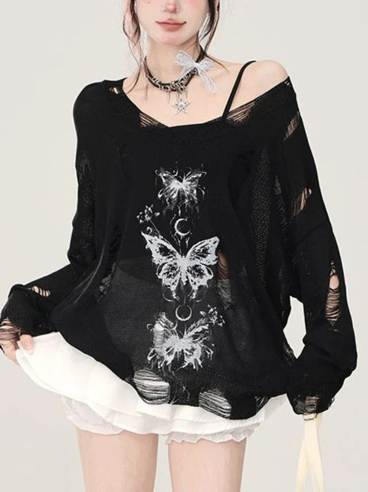Vivien - Damski sweter oversize z wzorem w motyle