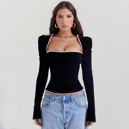 Keny - Czarna aksamitna bluzka w stylu vintage