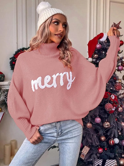 Ines - Dzianinowy sweter z nietoperzowymi rękawami, golfem i wytłoczonymi literami "Merry" dla kobiet