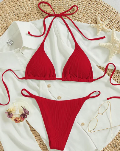 Antonella® | Niebieskie bikini z wysokim stanem i dekoltem w szpic
