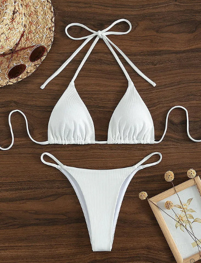 Antonella® | Niebieskie bikini z wysokim stanem i dekoltem w szpic