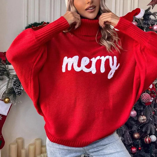 Ines - Dzianinowy sweter z nietoperzowymi rękawami, golfem i wytłoczonymi literami "Merry" dla kobiet