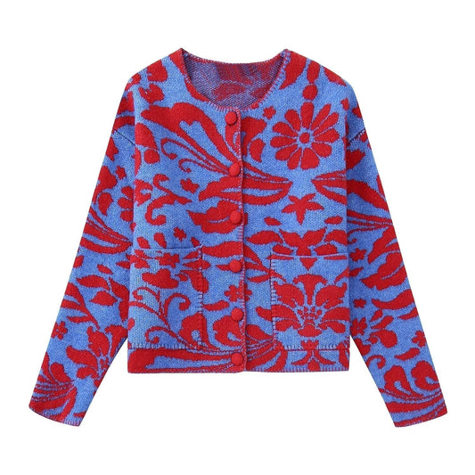 Żakardowy kardigan damski w kwiaty w stylu vintage