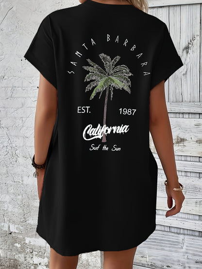 Sukienka T-shirt z nadrukiem drzewa palmowego, kieszeniami i wygodnym krojem