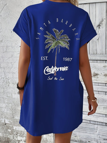 Sukienka T-shirt z nadrukiem drzewa palmowego, kieszeniami i wygodnym krojem